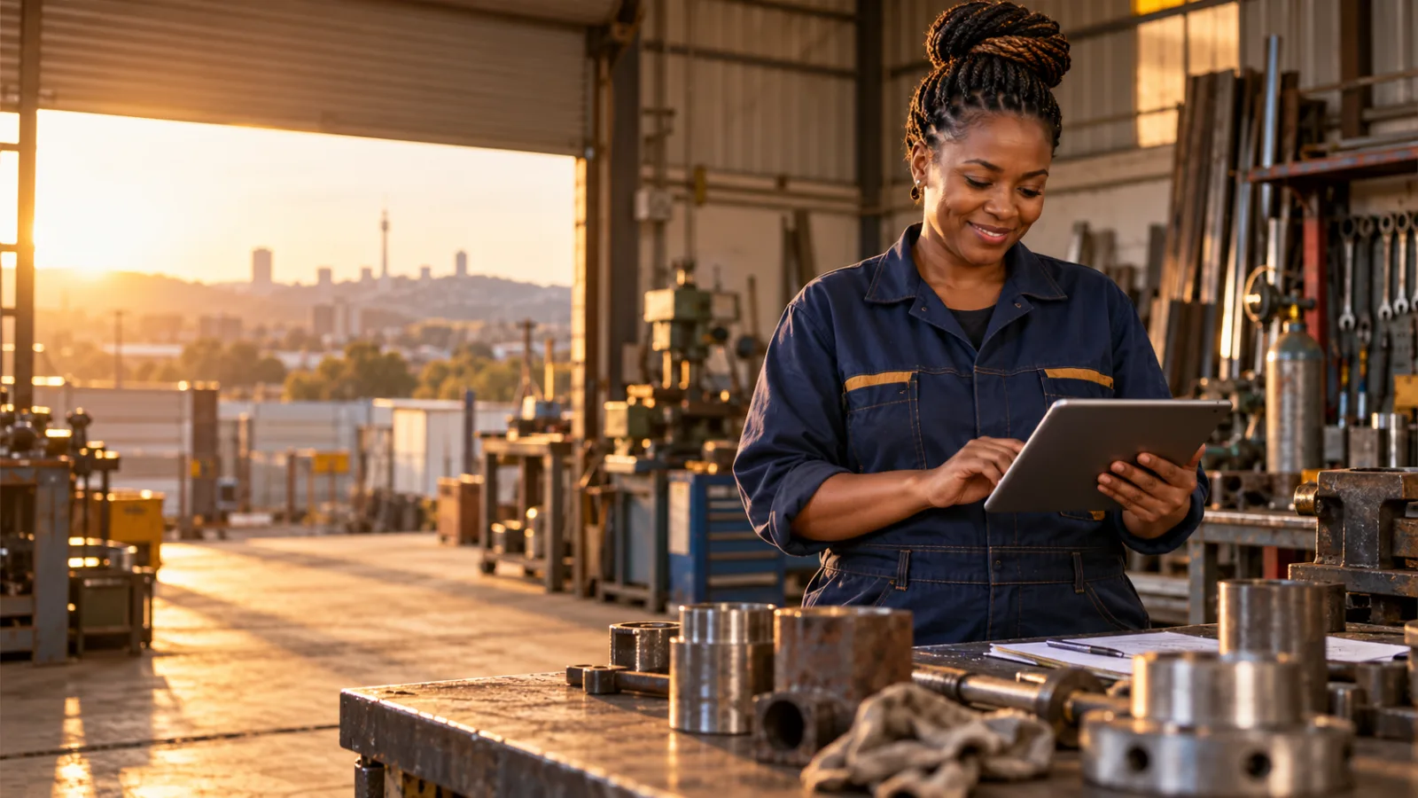 A business owner checking her finances in her workshop